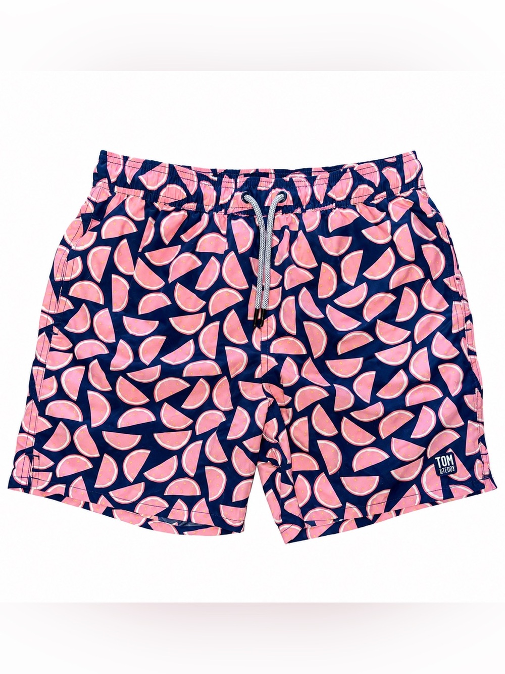 Tom & Teddy Men’s Medium Watermelon Print Swim Trunks Lined Navy Pink